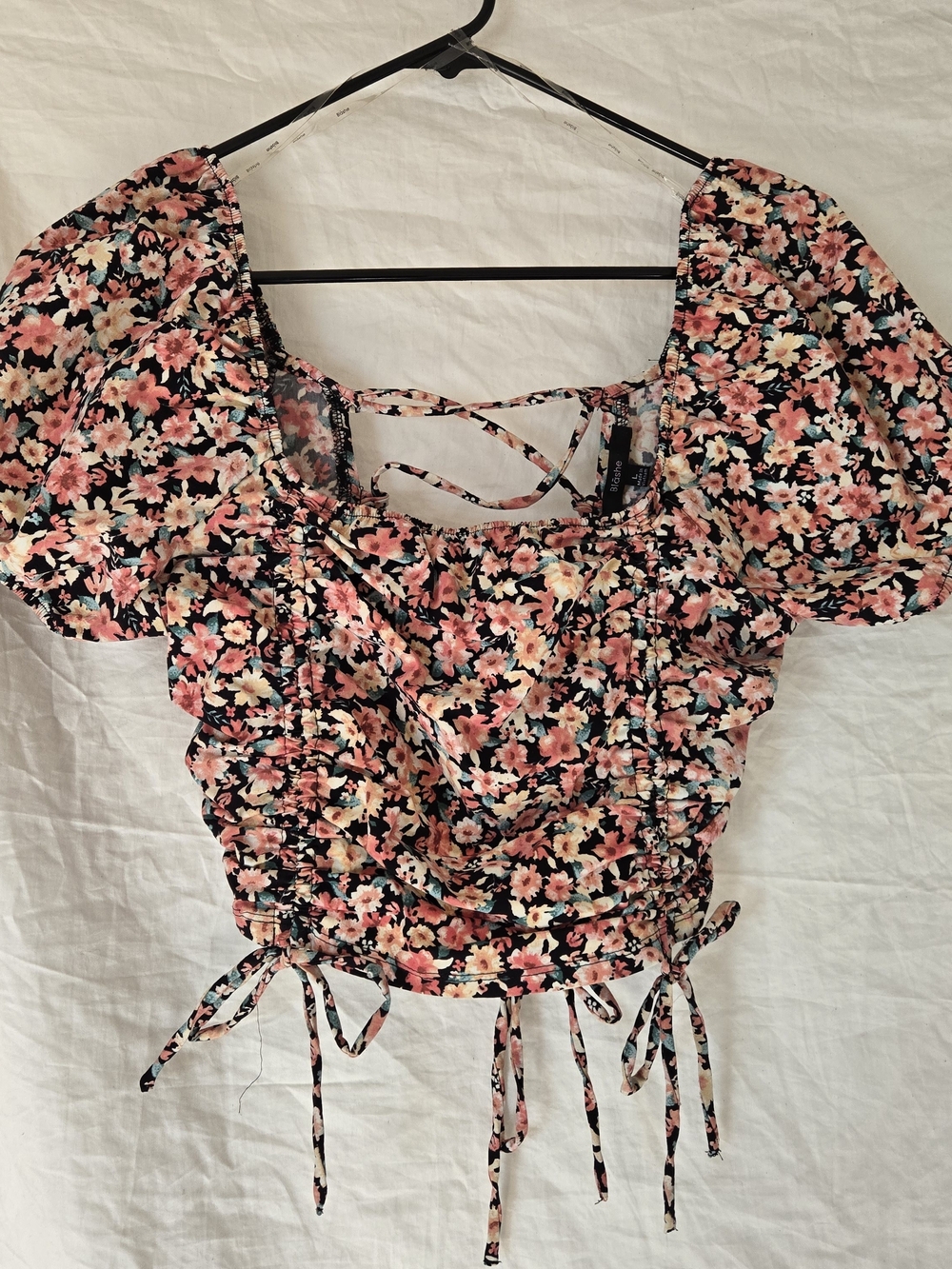 Floral Puff-Sleeve Ruched Crop Top - Pink Floral
